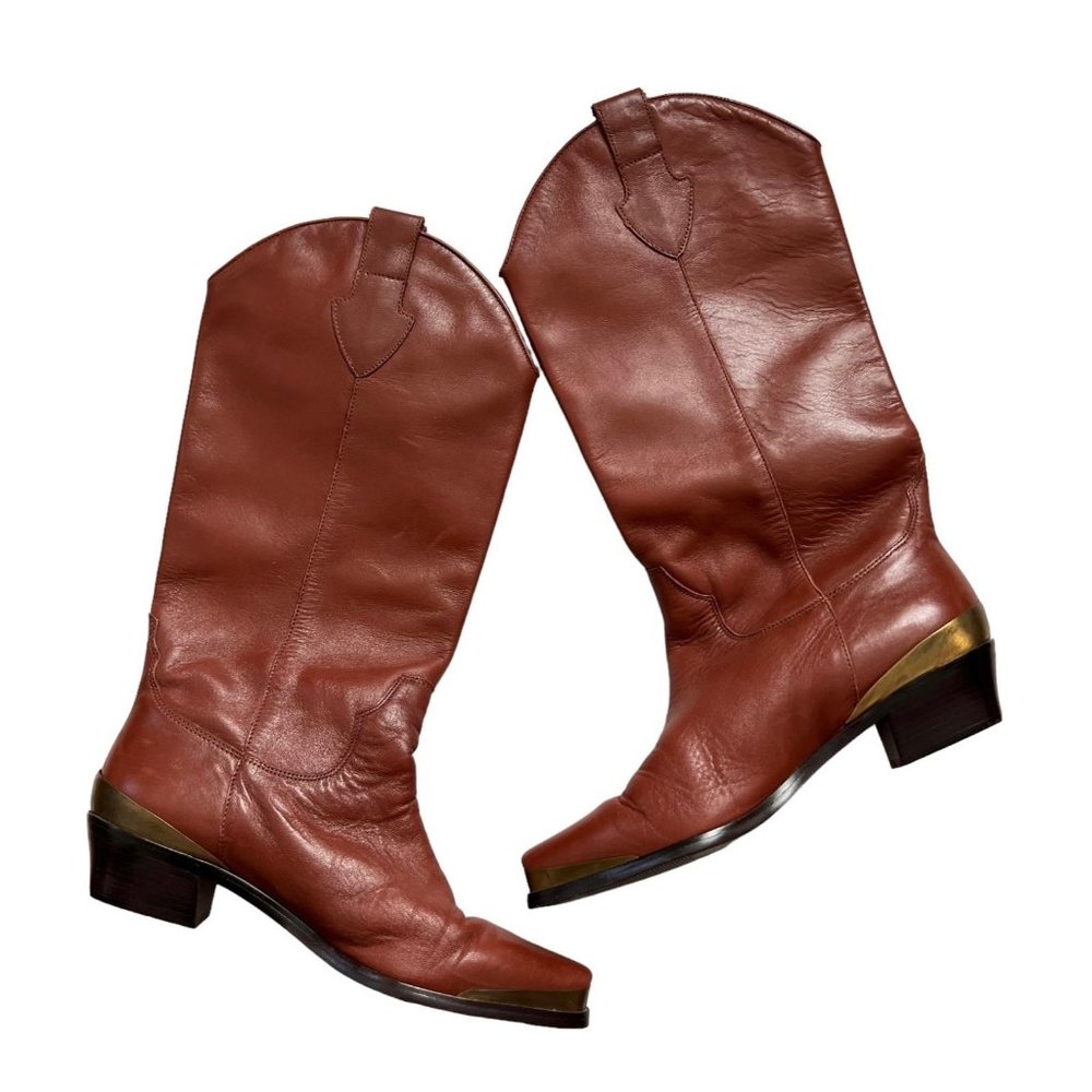 Nicole Catleia Plano Cognac Brown Leather Western Cowboy Gold Accent Boots 6M